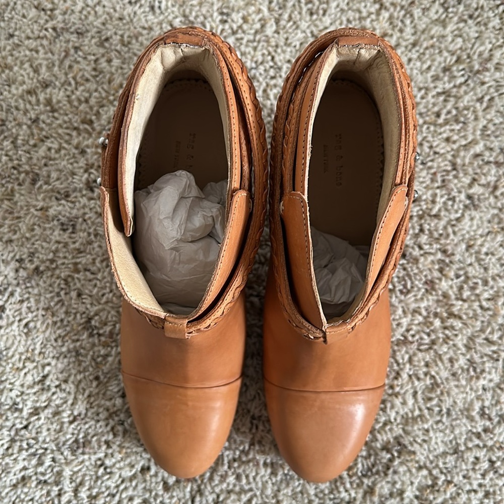 Rag & Bone Womens 8.5 38.5 Harrow Ankle Boot Tan Leather Natural Woven New Box - Picture 3 of 7